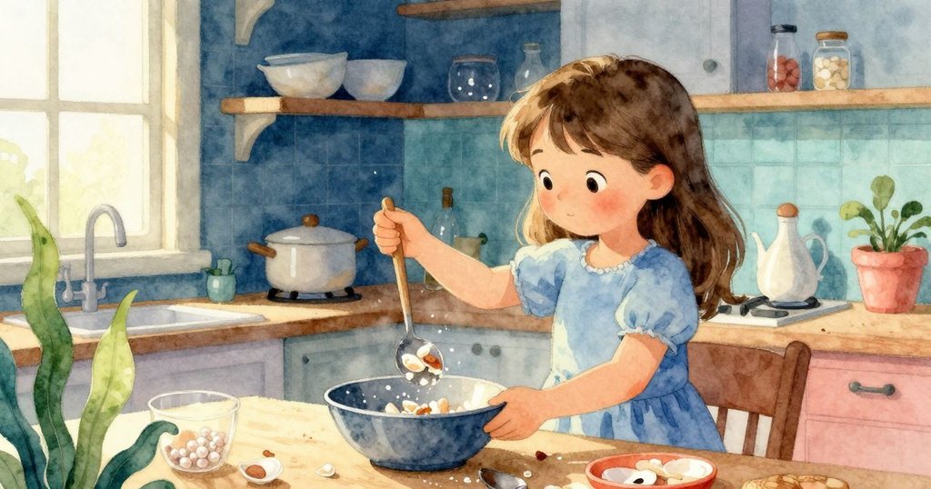 Tamsin用力搖晃勺子驅散蛋殼碎片，廚房中香料和玻璃瓶映出金色光澤，動作充滿果斷與活力