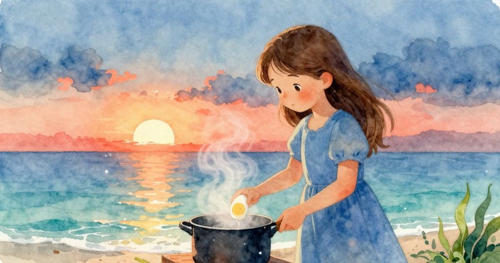 Tamsin靜謐地停在沸騰鍋邊，蒸氣繚繞手腕，輕輕將蛋放回湯中，夕陽餘暉中充滿深思與平靜