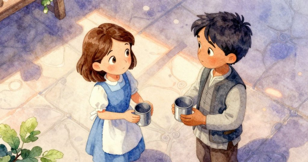 從高處俯瞰酒窖內卡蒂婭與科爾互動,科爾手持勺子與杯子,燈光柔和,場景層次分明,期待充盈。