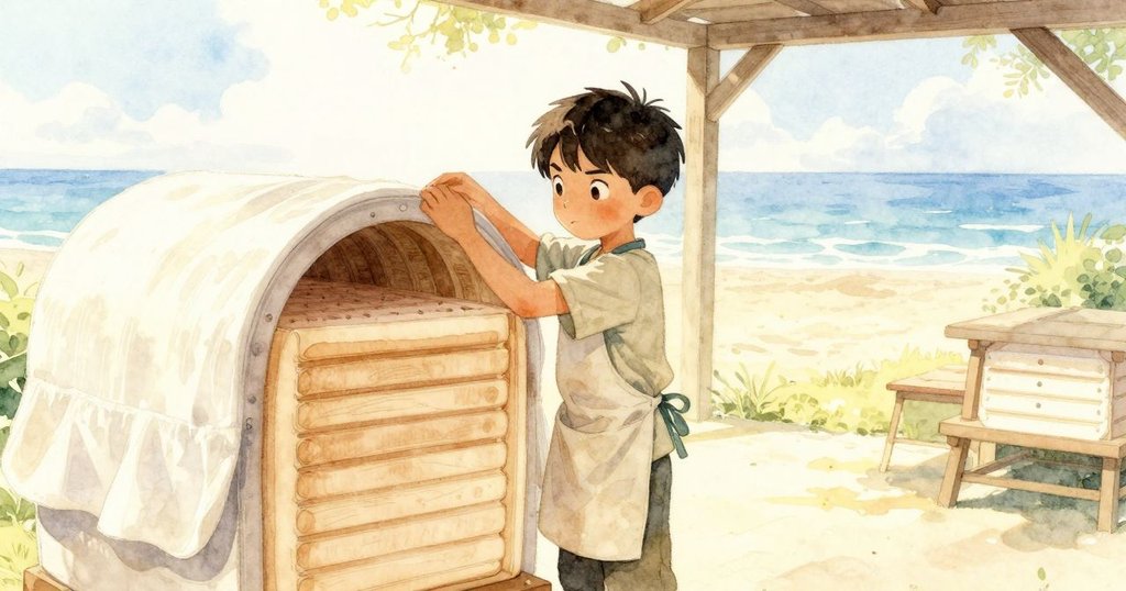 懷亞特在戶外窯爐前調整窯口遮蓋,溫暖光線灑落,背景有工具點綴,表情專注動作明快
