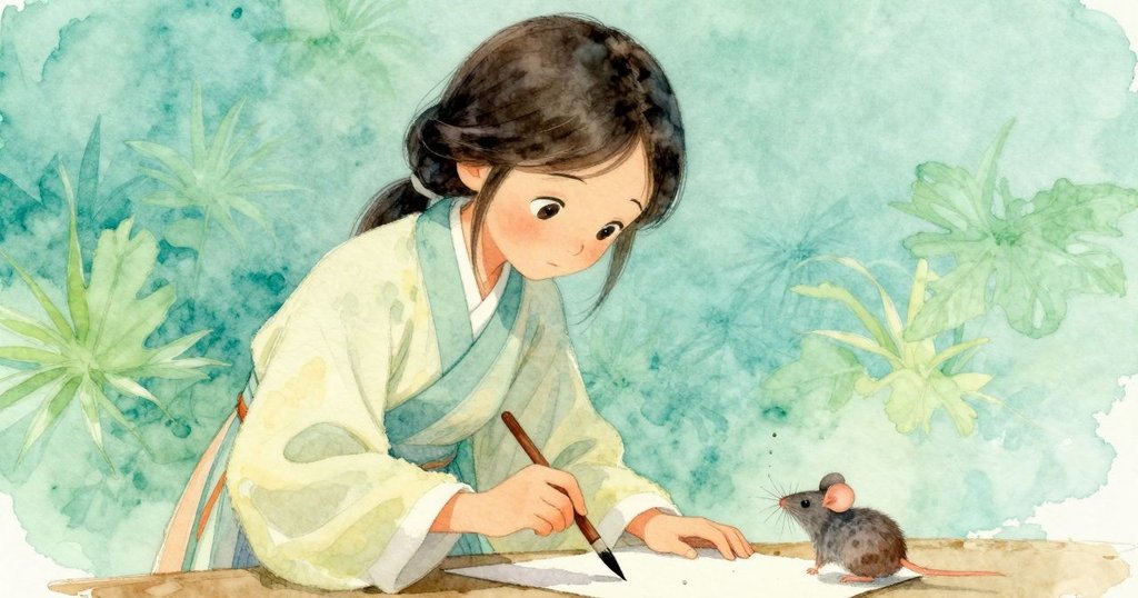 小鼠從低角度注視普魯揮動毛筆,桌上墨滴閃爍,書法環境細節豐富,呈現靜謐觀察。