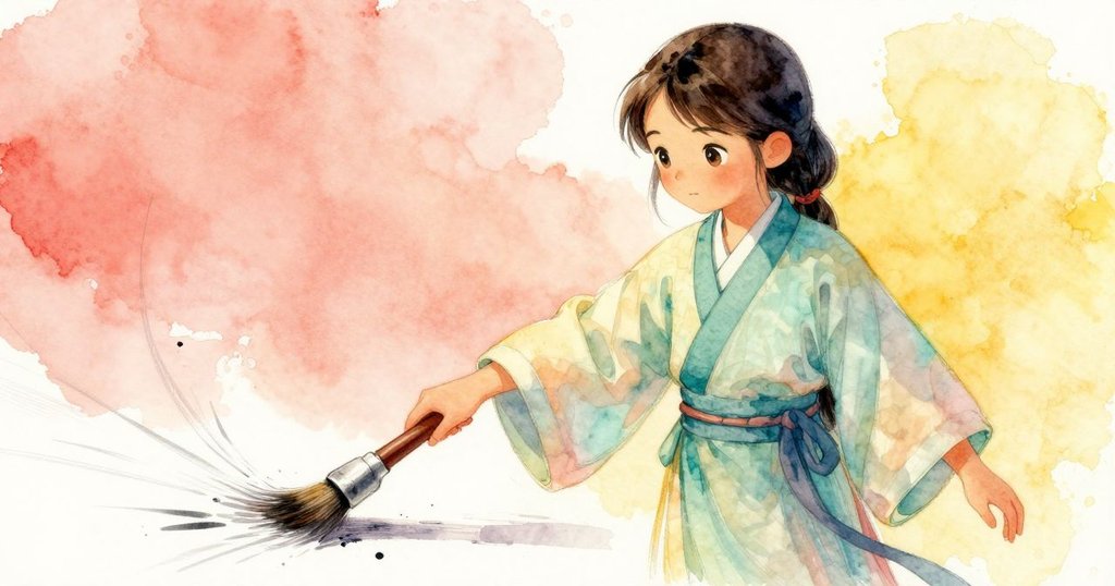 普魯揮動毛筆時,墨跡如煙般流動於紙上,動感十足,展現出創作激情與專注的瞬間。