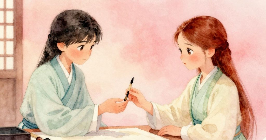 澤爾瑪與普魯於書法桌旁進行細膩交換,雙方神情溫柔,展現出默契與藝術之美。