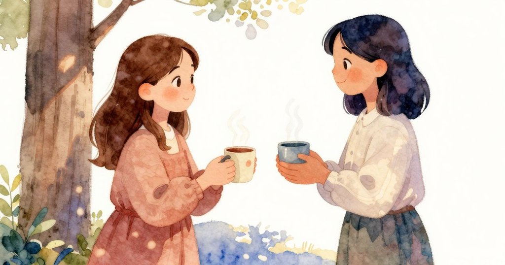 Esme手持冒著熱氣的杯子走向Rhea,在柔和晨光下共享溫暖時刻,兩人互動流露關懷與悅意