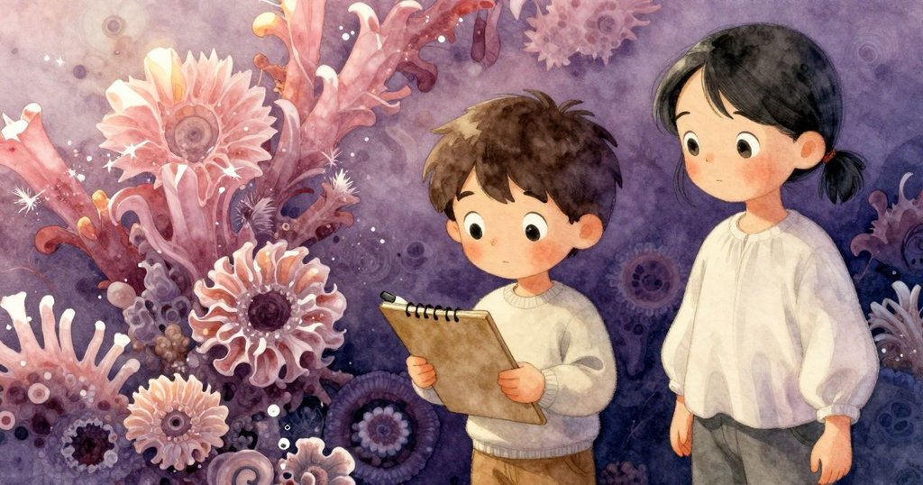 潮池表面呈現螺旋水晶狀結構，Winston與Sian驚喜地注視著自然奇景，陽光下紋理細膩生動。