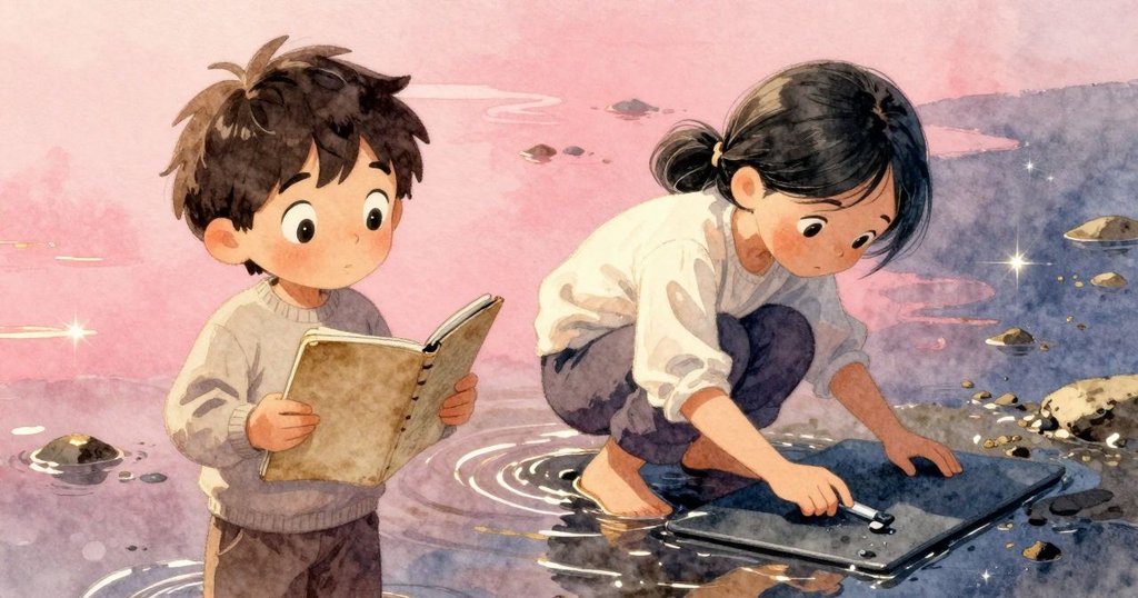 Winston與Sian合作瞬間，細心操作石板平衡潮池水面，明亮陽光點綴著水花，呈現緊張而微妙的協作場景。