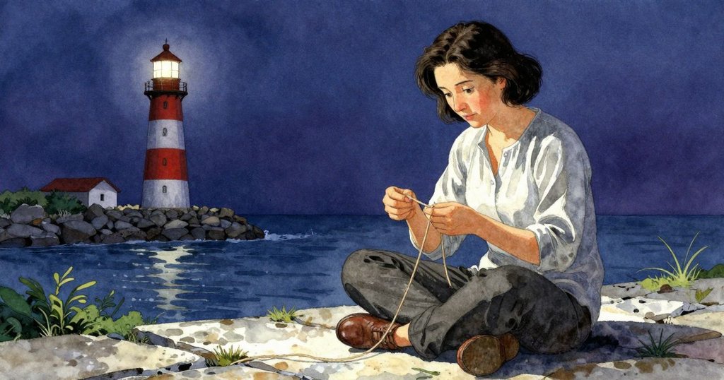 Dinah在燈塔旁穿線，旗石與海港背景眾多元素互動，展現晨曦初現時忙碌而充滿希望的場景