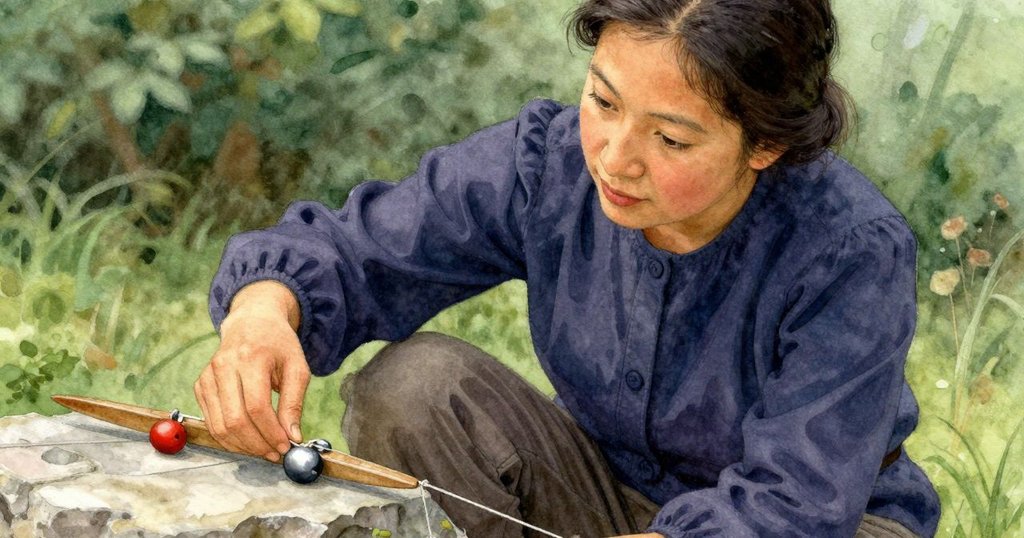 Dinah的手特寫中精心操作骨梭，線材與沉重的下鉛仔細敲擊石面，彰顯工藝與專注情形