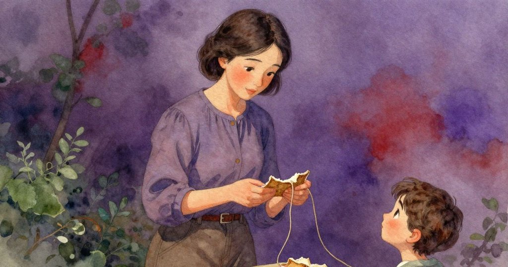 柔和記憶色調中，網中飄浮一塊麵包碎屑喚起與好友共享的溫馨回憶，畫面充滿柔和光影
