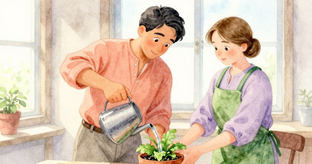 溫斯頓輕柔倒水於窗邊亞麻植物上,瑞恩在窗外微笑守望,象徵內心和解與關懷交流,故事迎向溫馨結局。