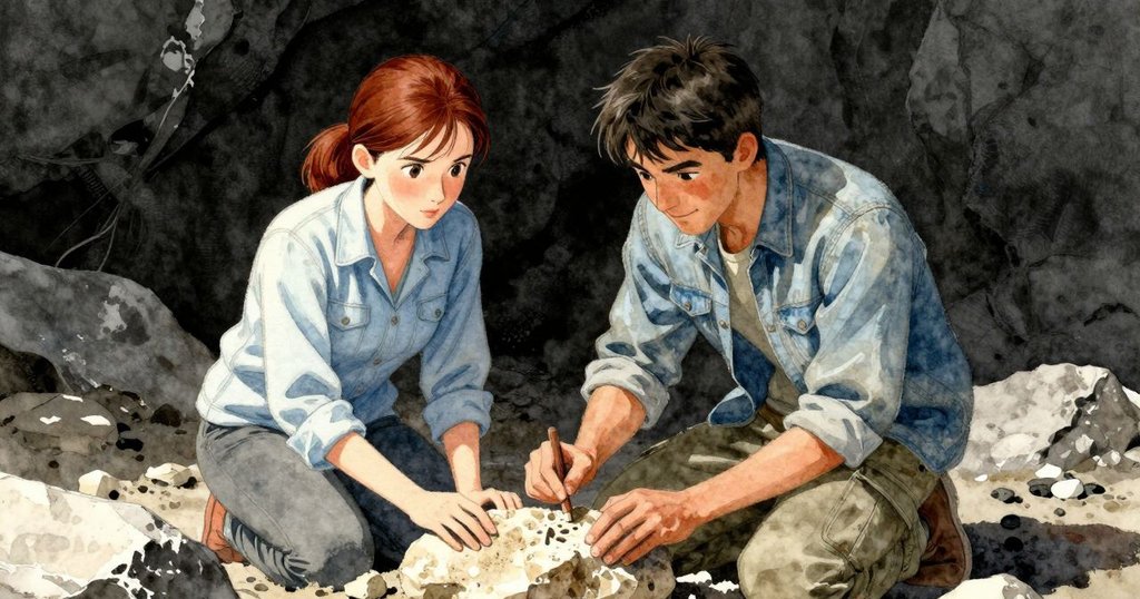 朱諾跪於岩石旁輕刷化石,特倫特專注旁觀,光線勾勒沙層古老細節,氣氛溫柔而充滿歷史感。