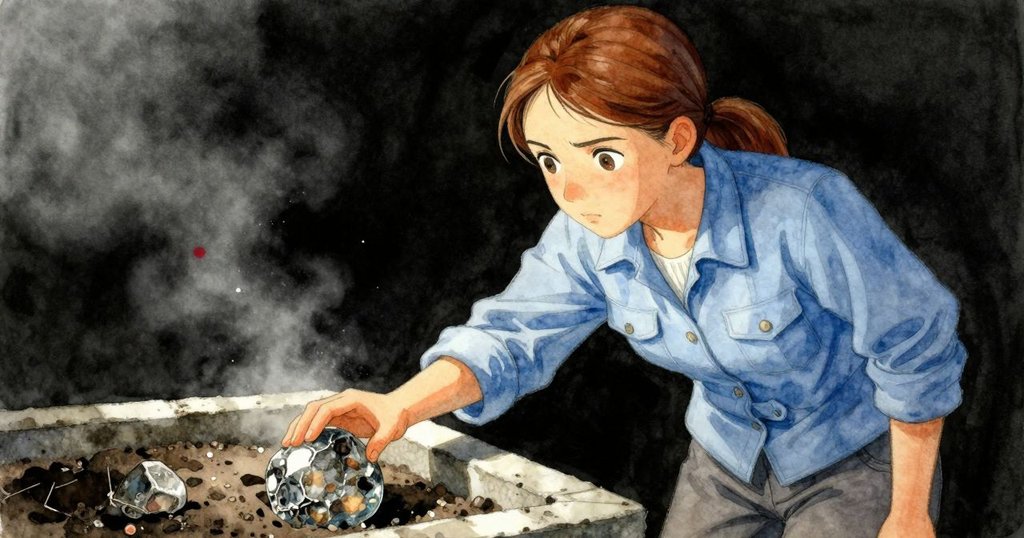 朱諾輕觸發光化石,沉穩手勢與鏡面粉塵盆交織,反映出細膩紋理與內心沉思。