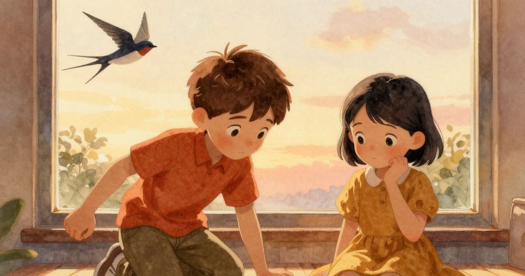 Wade與Kay在室內工坊中暫停工作,窗外夕陽映照藍天,一隻燕子影子掠過桌面,畫面寧靜溫暖