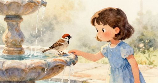 Sparrow Gathering Moss at the Fountain