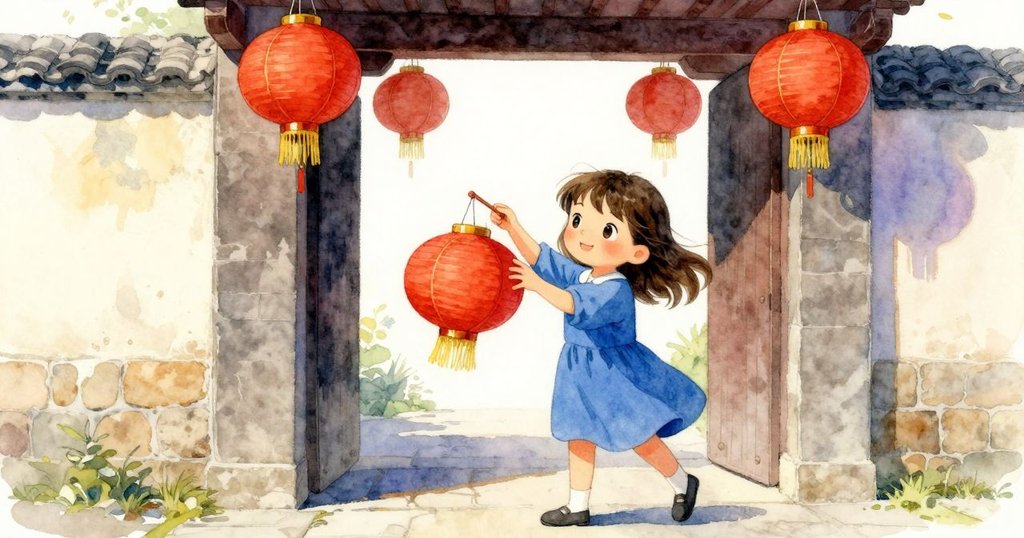 烏蘇拉在石門旁，手握繩子準備掛燈籠，表情堅定，背景溫暖陽光及古老城門