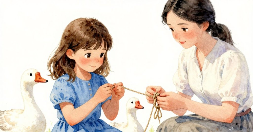 聚焦於烏蘇拉握著粗繩的手部特寫，展示繩子紋理與結節細節，突顯細緻準備