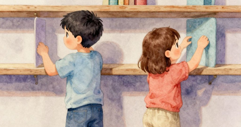 孩子們神情專注調整衣櫥墊板，面部與手部動作傳達出面對困難的堅定決心。