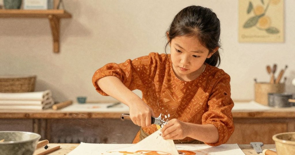 Nina 優雅地揭開新印品,動作流暢展現創作喜悅,室內溫暖光線突顯出紙張與木質紋理之美