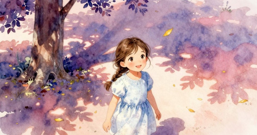 從高處俯瞰，Dinah 坐於長椅上，一片金黃色樹葉從高大樹枝飄落，落在她髮間，呈現大自然溫柔互動。