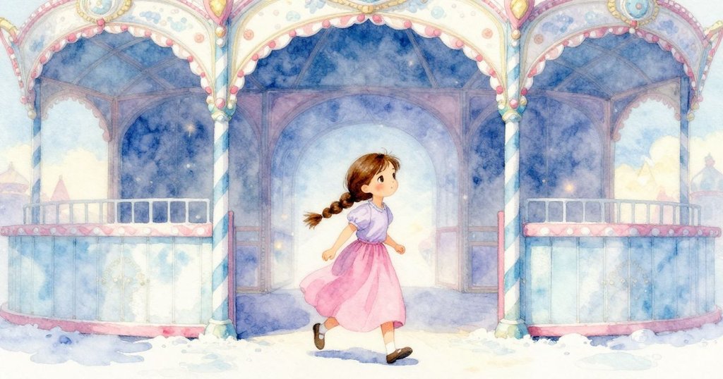 Thea穿越彩色拱門走入燈光柔和的嘉年華場地,臉上充滿期待,背景有條紋柱和掛飾