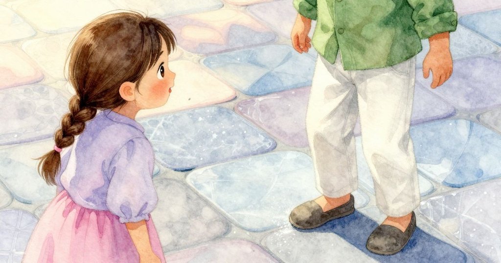 特寫畫面中Thea的雙腳走在有花紋的粉彩路面上,細膩糖霧閃爍,傳達輕柔步伐與溫暖氣氛