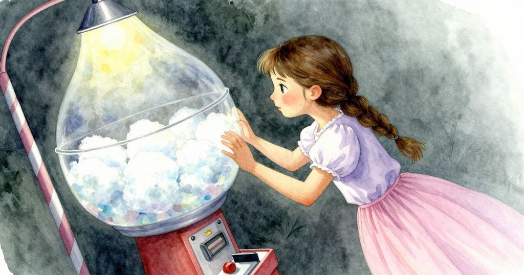 Thea發現旋轉機器上意外的金屬痕跡,畫面傾斜呈現不尋常幾何圖形,背景充滿條紋與夢幻氛圍