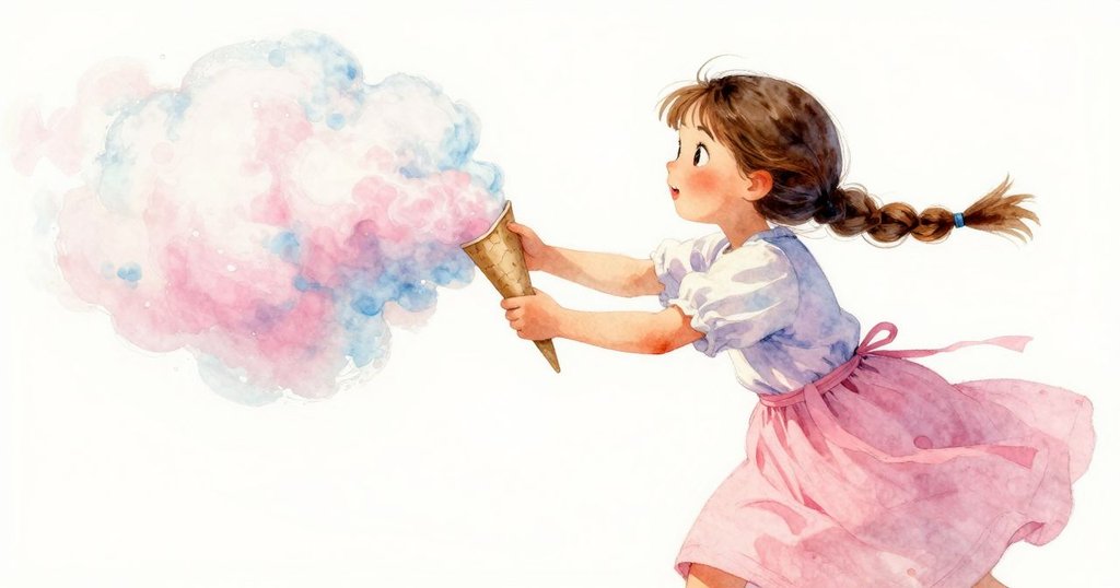 Thea揮動紙錐做出優雅拋物線,糖絲形成動態軌跡在空中飛舞,整體氛圍充滿活力與夢幻