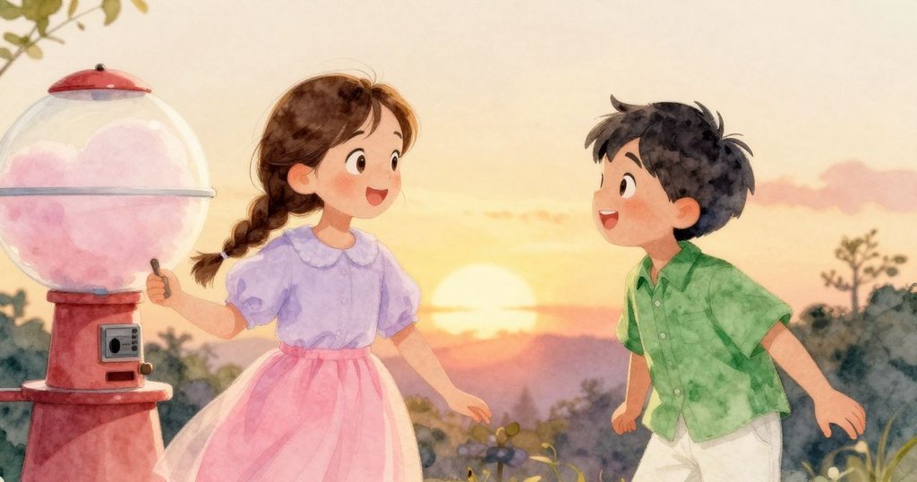 黃昏中Arlo舉起不均勻的棉花糖,笑容滿面;Thea輕觸機器邊緣,二人共享魔幻嘉年華溫暖結尾