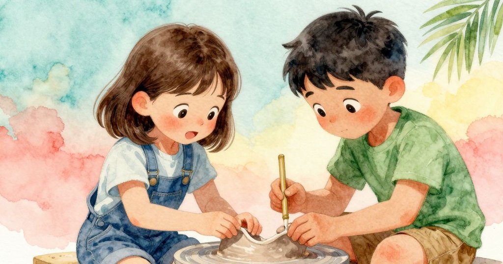 女主角的手細緻地打磨陶片,竹棒與黏土展現豐富紋理,自然光下流露出專注與溫暖情感。