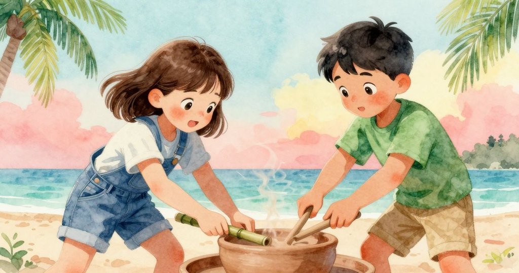 動態場景中,女主角用竹棒滑動陶片邊緣使陶土分裂,同時男孩輕敲木件,動作充滿節奏感。