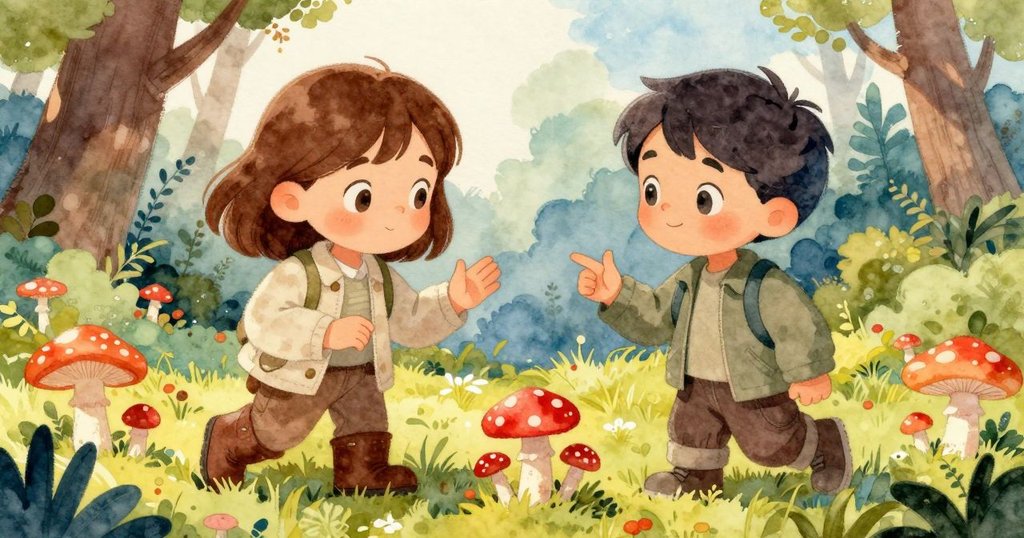 塔圖姆與蓋雷在樹旁近距離交流，共同觀察菌傘色彩與野生菇類，面帶溫暖笑容，彼此信任