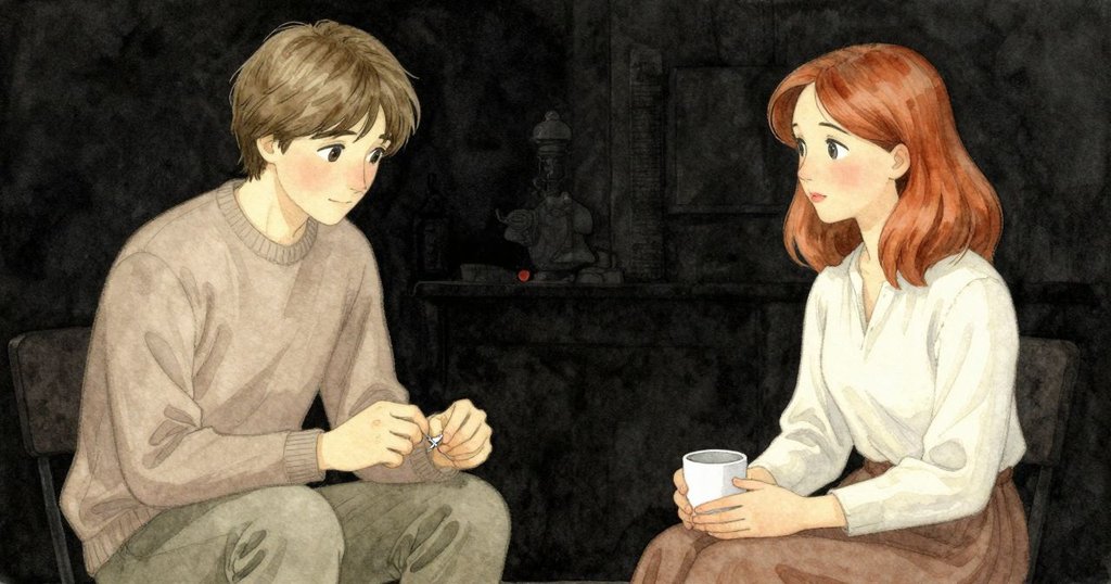 Emory與Zola靜默重逢, Emory輕觸下一調琴準, Zola緩擱茶杯, 房內溫暖光影流露理解與平靜