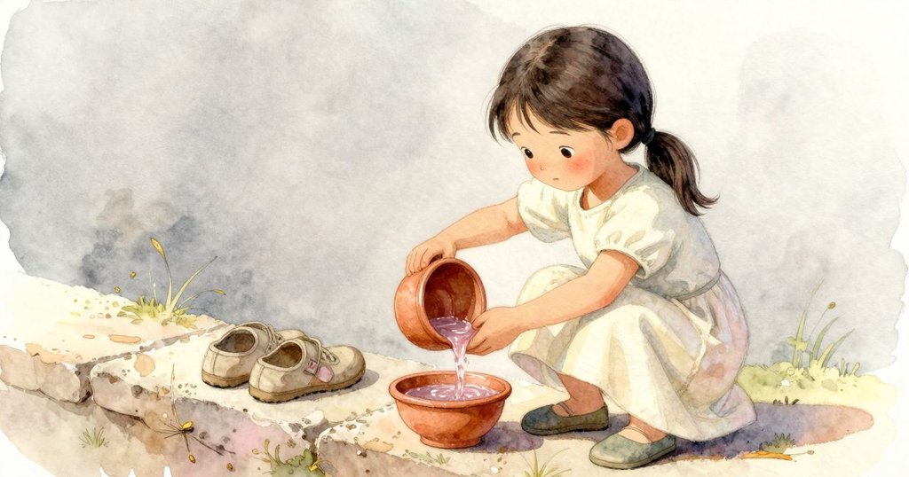 丹娜站在岩架上模仿倒水動作,鞋子整齊,動作專注,背景溫暖柔和