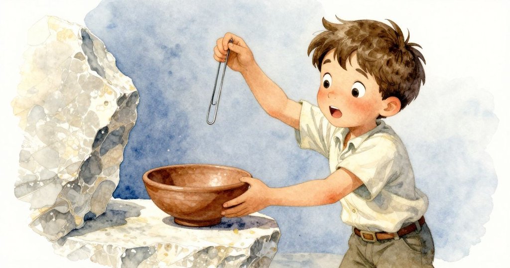 馬格努斯懸停著陶碗,紙夾鉤子刮過石邊發出細微聲響,動作中透露出短暫的緊張氣氛