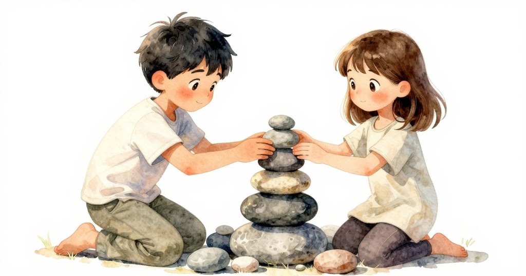 布萊姆與羅斯琳協力堆砌石塔,動作專注細緻,石塊交錯穩固,展現團隊合作與工藝之美