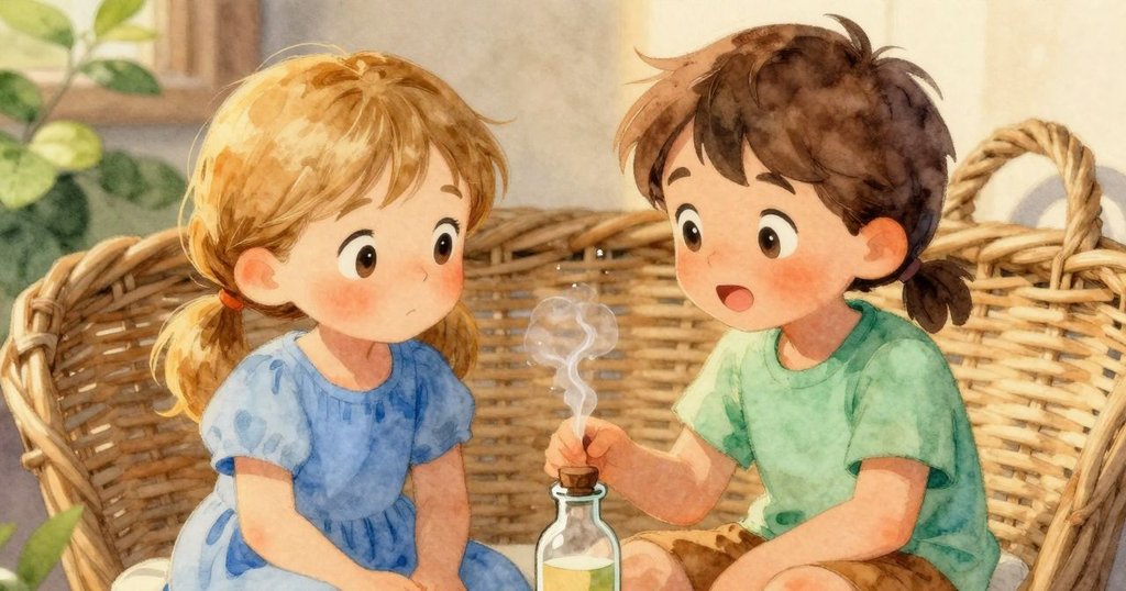 小瓶子與隱隱葡萄氣霧在藤籃上,溫暖柔光中呈現出秘密風味,象徵記憶與品味的隱喻