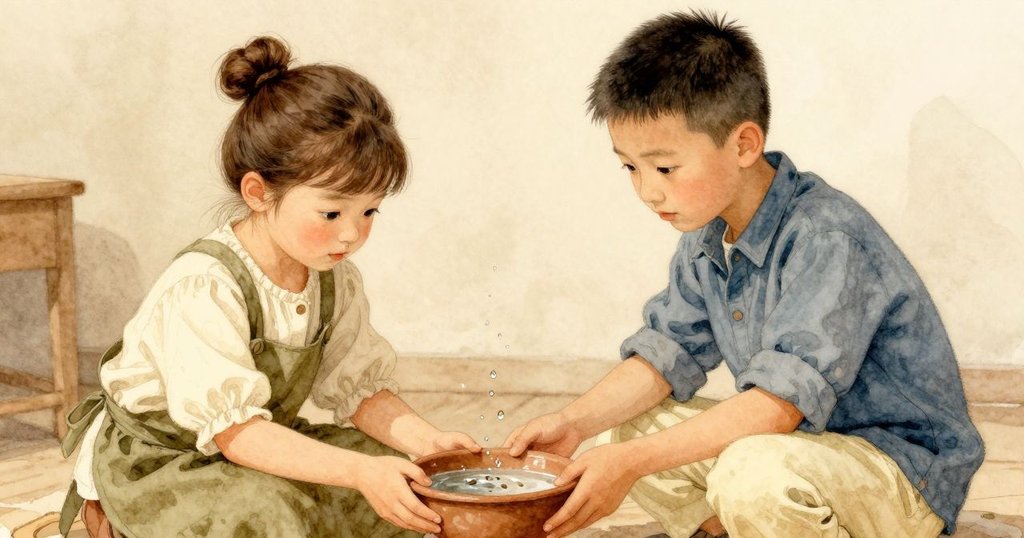 艾爾瑪輕觸懸掛於苗桌上的陶碗，水珠滴落中露出星光般種子，象徵著意外的希望與可能。