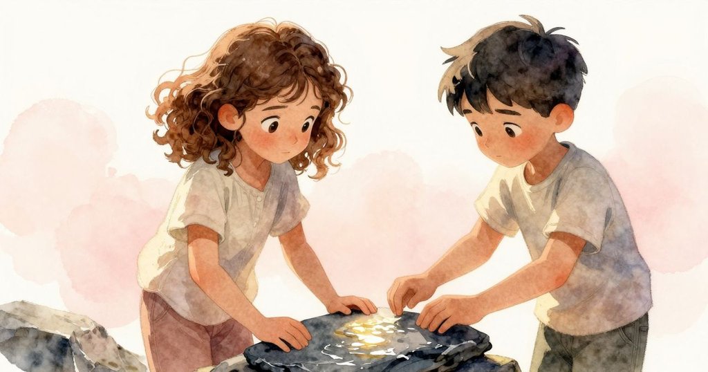 小女孩伸出手指輕觸濕潤石板,細膩展現石材紋理,背景散發柔和光影,表情中流露出專注與溫暖