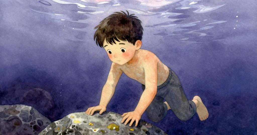 男孩膝蓋浸在透亮河水中,正在調整河床上的石塊,水面柔和燈光穿透,場景充滿平靜與專注