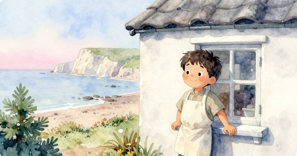 科賓站在海邊小屋窗邊，凝望遠方淺色懸崖與潮汐池，神情思索，晨光柔和，展現自然與家庭溫馨。