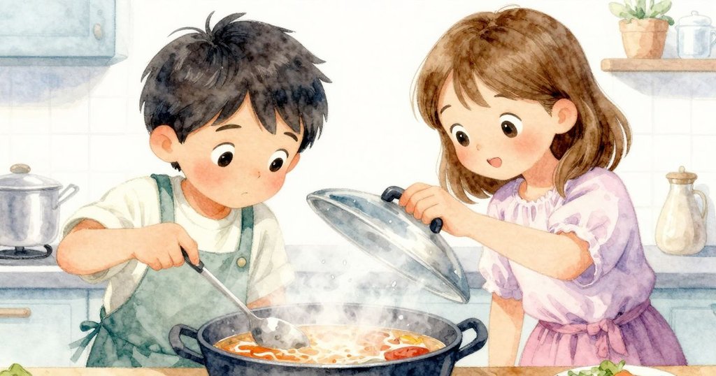 科賓巧妙地將鍋蓋放在湯匙上，傾斜角度突顯細膩動作，凝聚水珠輕落於滾湯中，展現廚房活力。