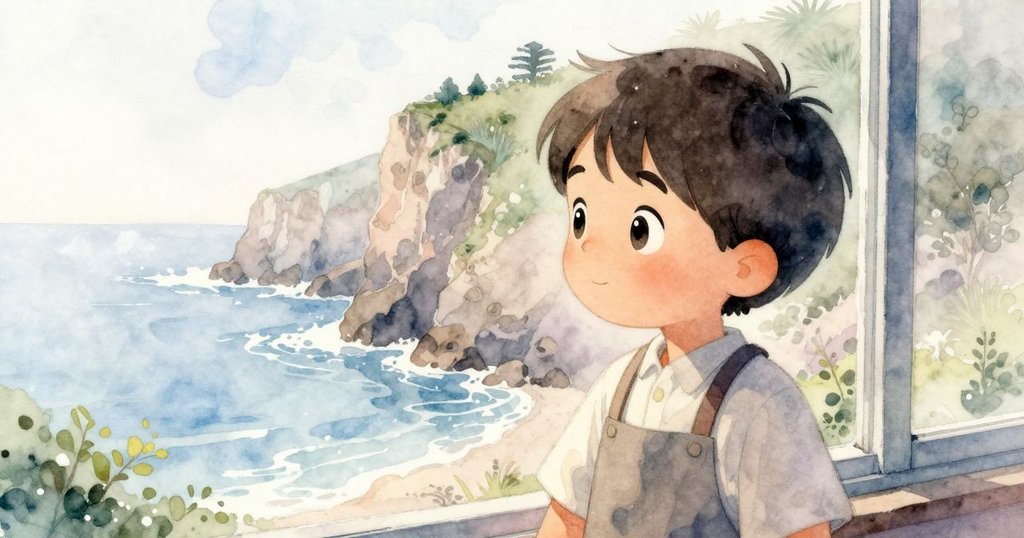 科賓望向窗外，回憶起海岸邊蒼白懸崖與海風吹拂的瞬間，神情懷舊而溫柔，融合現實與回憶。