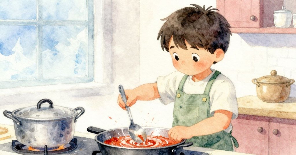 科賓用湯匙迅速攪拌濃醇醬汁，洋蔥金褐紋路清晰可見，動作生動，廚房內充滿溫暖活力。