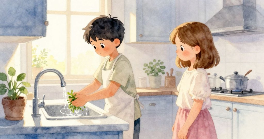 烏拉站在廚房水槽邊洗香草，科賓放下湯匙微笑，夕陽金光灑入室內，營造出溫馨寧靜的結尾。