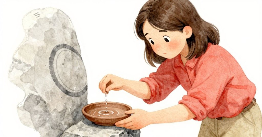 羅斯林手指輕觸石板上弧形濕痕, 背景中金屬管滴水入陶盤, 專注探查神秘痕跡