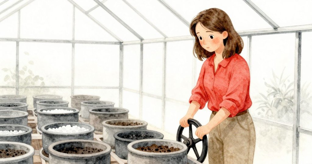 以懷舊色調呈現溫室內景, 花盆上層層鹽環清晰, 羅斯林輕轉調節閥, 表情流露回憶