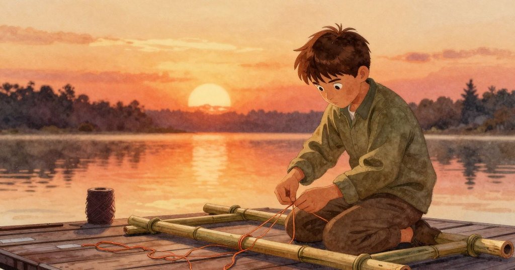 Jarvis完成作品,輕巧地綁定竹架於倒置桶旁,夕陽餘暉映照碼頭,展現滿足與寧靜的收尾