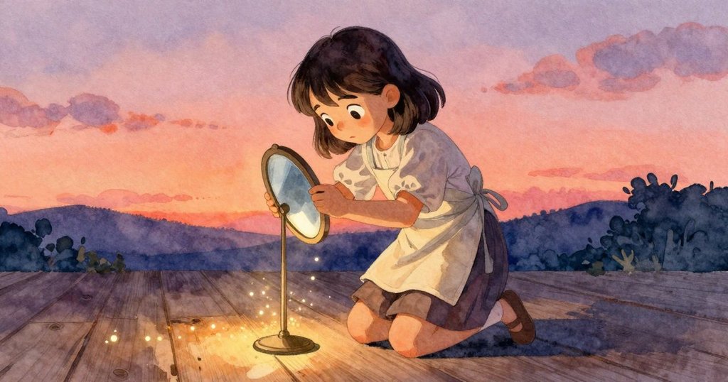 普呂專注地調整小鏡子,眼神堅定且略顯緊張,明亮光點在木地板上迅速閃爍,工作室氣氛凝重。