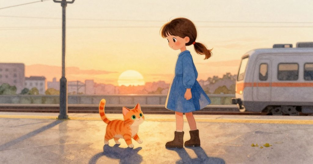 格里爾與橙色貓咪在夕陽餘暉中靜立反思,濕透毛毯與暖爐旁呈現雨後寧靜,故事達到平和結局
