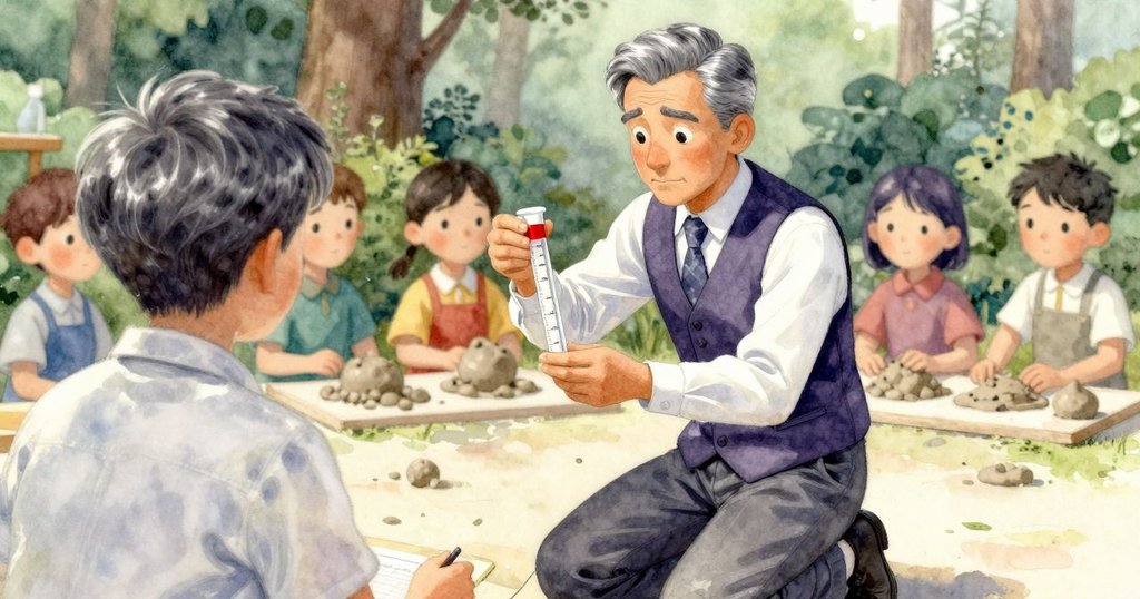 研究員俯身測試混合顏料，背後孩童持陶泥等待展覽，細節豐富，故事進入新轉折
